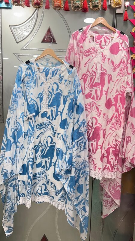 Printed Asymmetrical Kurti with Lace Detailing