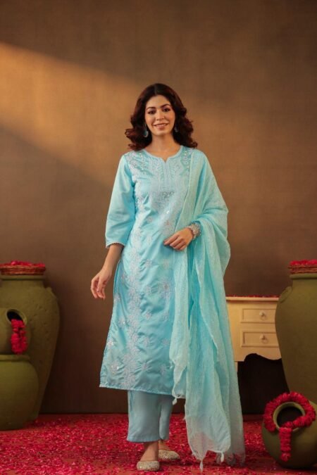 Straight-Cut Suit with White Thread Embroidery